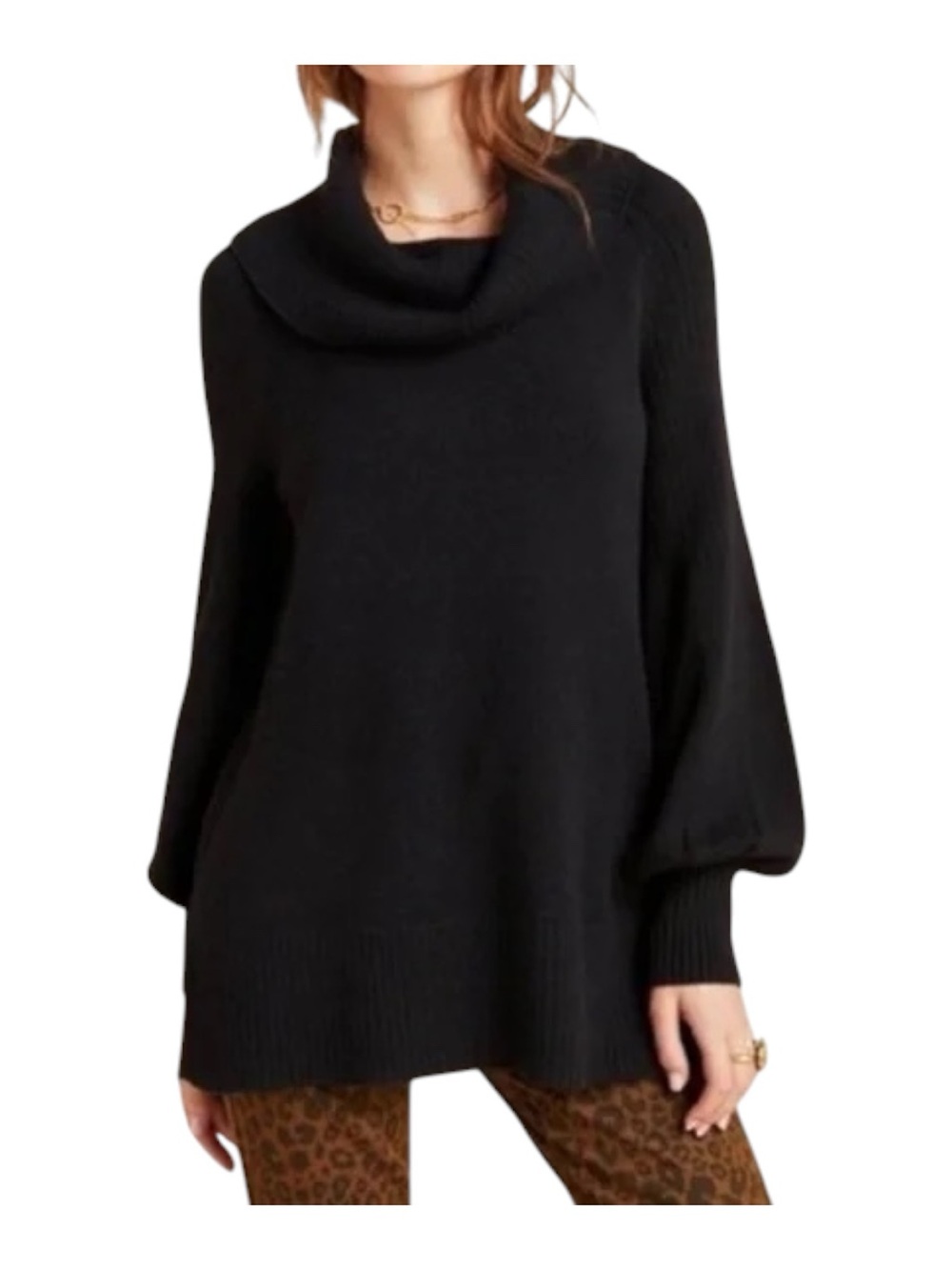 Anthropologie Paloma black cowl neck puffed sleeve tunic sweater Size L